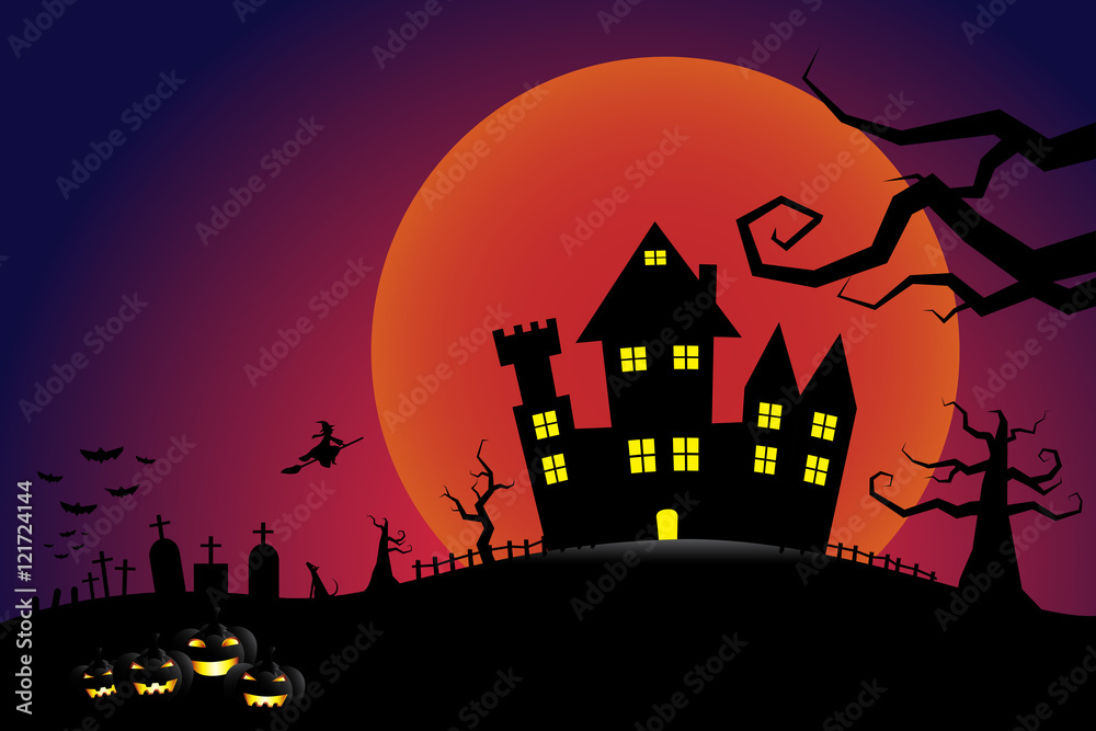 Halloween pumpkins and a flying witch from dark castle with bloo Halloween pumpkins and a flying witch from dark castle with bloo