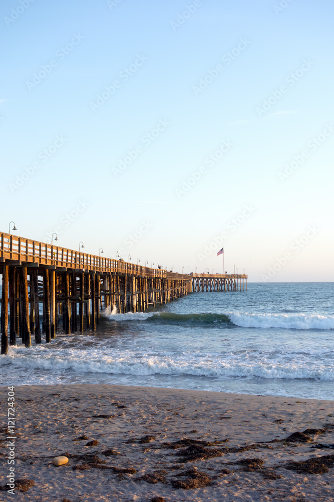 Old Historic Wooden Pier Stretching into the Pacific Ocean from Ventura Beach, City of San Buena Ventura, CA