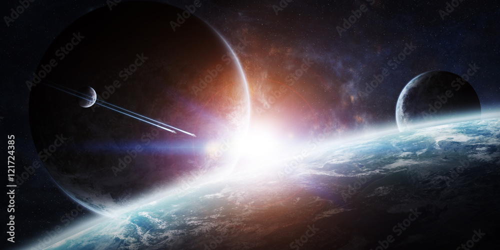 Obraz premium Sunrise over group of planets in space