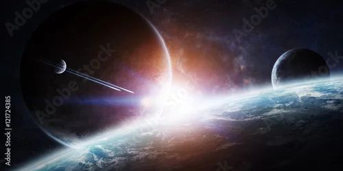 Obraz Wschód słońca nad grupą planet w kosmosie