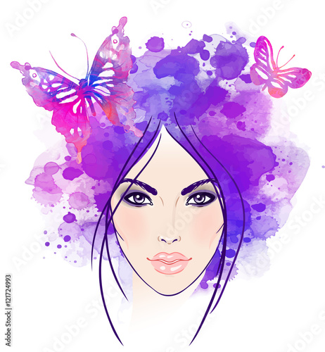 Beautiful girl's face with butterflies in her hair. Watercolor i