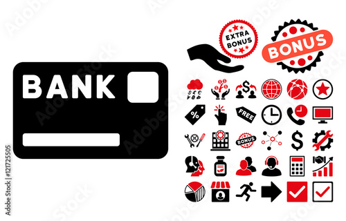 Bank Card icon with bonus clip art. Vector illustration style is flat iconic bicolor symbols, intensive red and black colors, white background.
