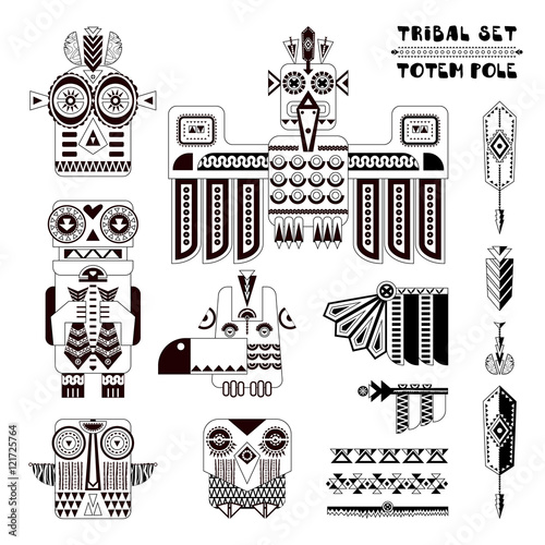 Black and white tribal set. Set of stylized indian totem pole elements.