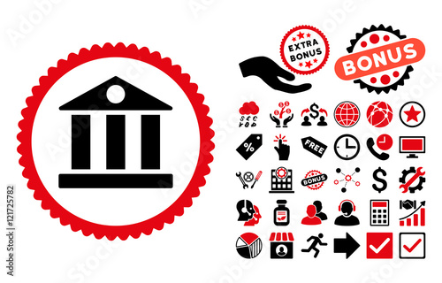 Bank pictograph with bonus images. Vector illustration style is flat iconic bicolor symbols, intensive red and black colors, white background.