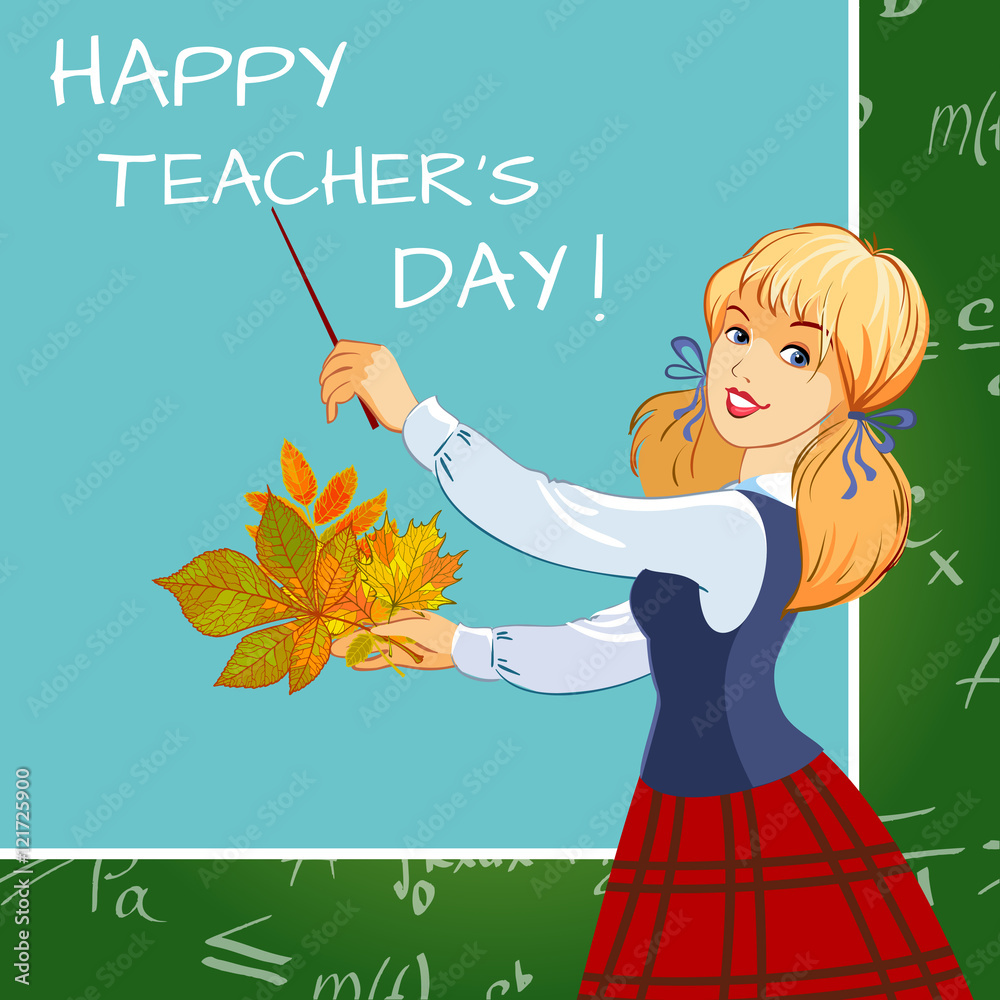 Cute schoolgirl congratulates teachers on Teacher's Day. Text ...