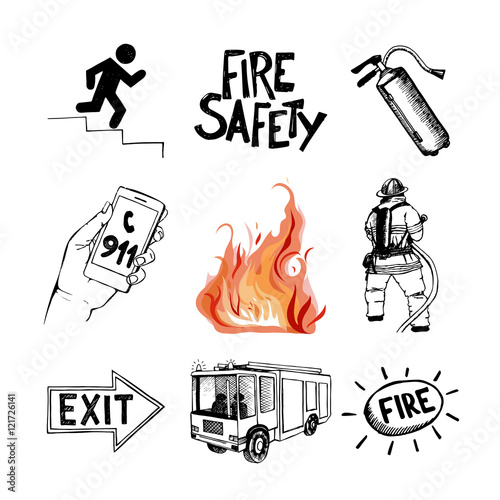 Fire safety and means of salvation. Icons set.
