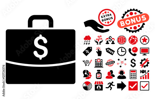 Business Case icon with bonus clip art. Vector illustration style is flat iconic bicolor symbols, intensive red and black colors, white background.