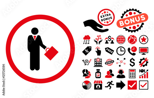 Businessman icon with bonus symbols. Vector illustration style is flat iconic bicolor symbols, intensive red and black colors, white background.
