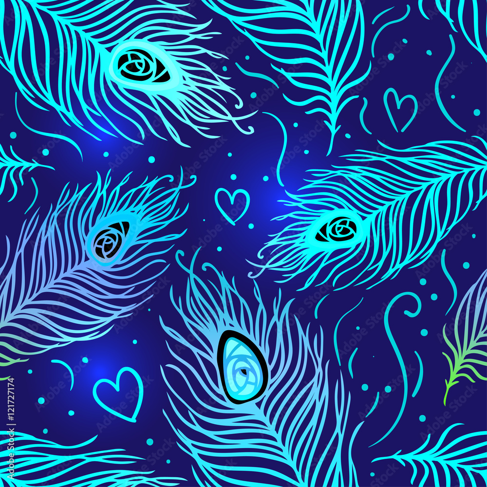 Fototapeta premium Peacock feathers. Colorful seamless pattern. Vector illustration
