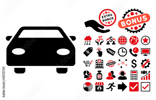 Car pictograph with bonus symbols. Vector illustration style is flat iconic bicolor symbols, intensive red and black colors, white background.