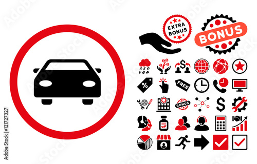 Car pictograph with bonus symbols. Vector illustration style is flat iconic bicolor symbols, intensive red and black colors, white background.