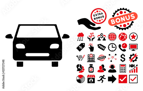Car icon with bonus pictograph collection. Vector illustration style is flat iconic bicolor symbols, intensive red and black colors, white background.