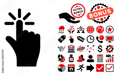 Click pictograph with bonus symbols. Vector illustration style is flat iconic bicolor symbols, intensive red and black colors, white background.