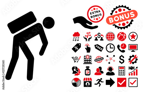 Courier pictograph with bonus pictures. Vector illustration style is flat iconic bicolor symbols, intensive red and black colors, white background.