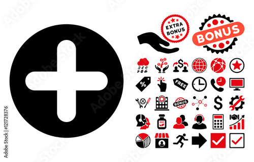 Create icon with bonus pictures. Vector illustration style is flat iconic bicolor symbols, intensive red and black colors, white background.