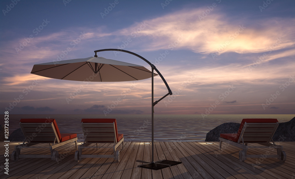 daybed with umbrella on  wooden terrace at twilight sea view, 3D rendering image