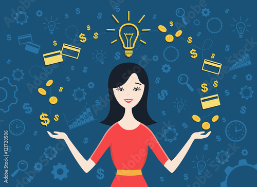 Flat design vector illustration of  young business woman shows converting of idea into money. Business idea concept