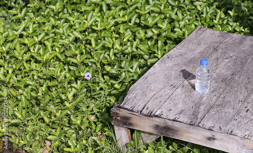 Water bottle on wood table with nature background. Fresh and energy concept.