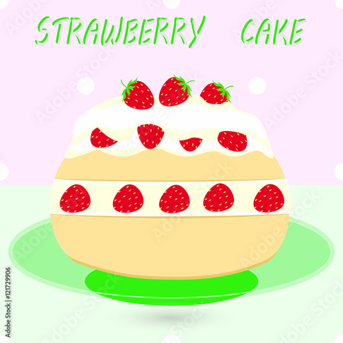 Strawberry cake on a plate with a decorative background abstract art vector illustration