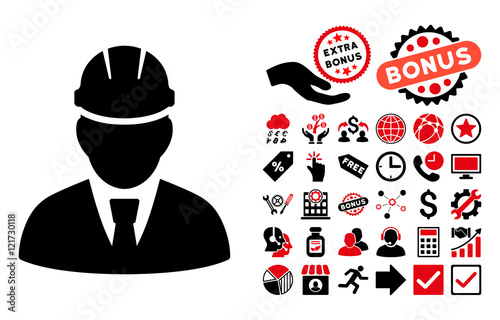 Engineer icon with bonus pictograph collection. Vector illustration style is flat iconic bicolor symbols, intensive red and black colors, white background.