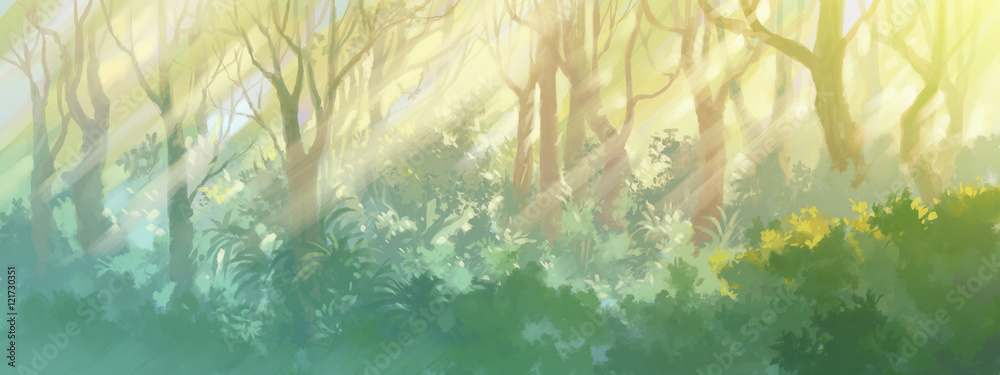 Naklejka premium wschód słońca rano malowanie lasu