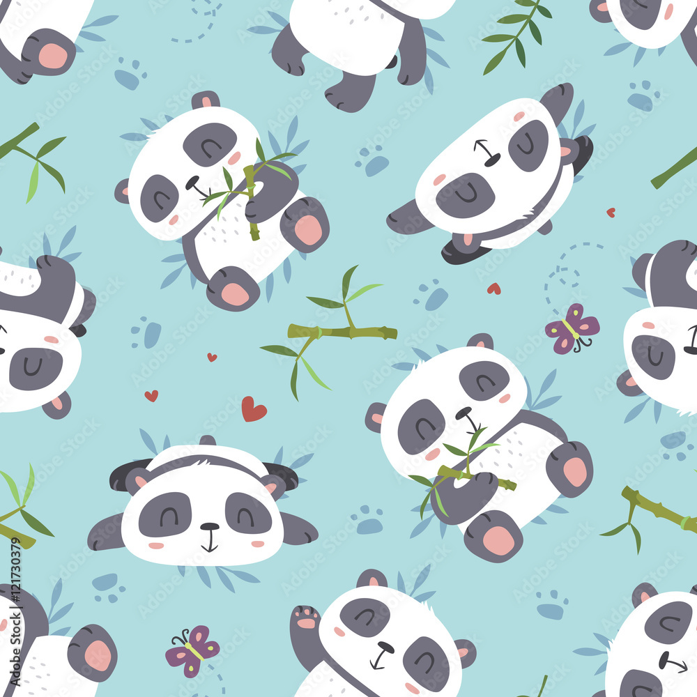 Naklejka premium vector cartoon panda seamless pattern