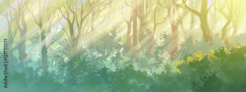 sunrise in the morning forest painting