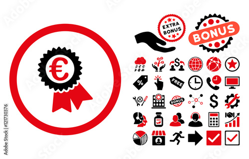 Euro Award Seal pictograph with bonus pictogram. Vector illustration style is flat iconic bicolor symbols, intensive red and black colors, white background.