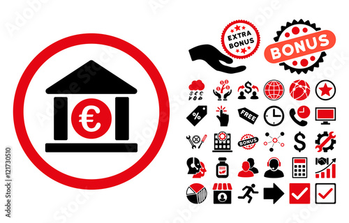 Euro Bank icon with bonus clip art. Vector illustration style is flat iconic bicolor symbols, intensive red and black colors, white background.