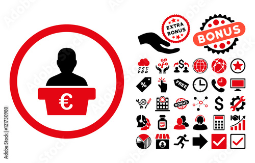 Euro Politician pictograph with bonus elements. Vector illustration style is flat iconic bicolor symbols, intensive red and black colors, white background.