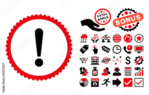 Exclamation Sign pictograph with bonus icon set. Vector illustration style is flat iconic bicolor symbols, intensive red and black colors, white background.