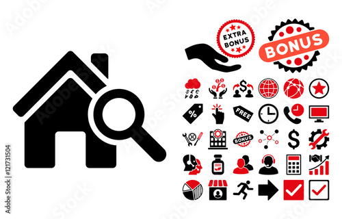 Explore House pictograph with bonus pictures. Vector illustration style is flat iconic bicolor symbols, intensive red and black colors, white background.