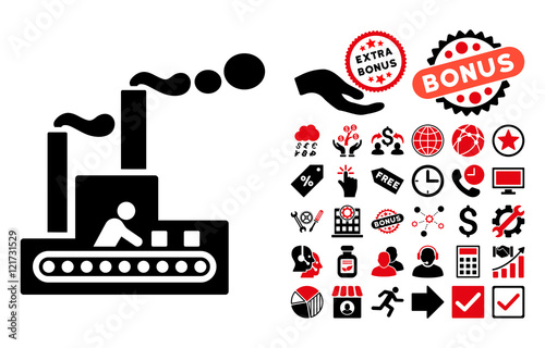 Fabric Building pictograph with bonus images. Vector illustration style is flat iconic bicolor symbols, intensive red and black colors, white background.