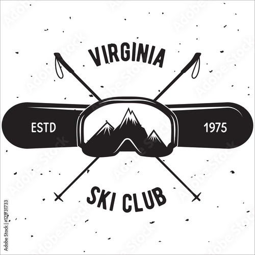 Emblem of Ski Club. Vintage Mountain winter badge. Outdoor adventure logo design. Travel hand drawn and hipster insignia.
