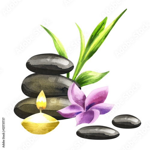 Relax SPA compozition with massage stones, aroma candle, bamboo leaves and a flower. Isolated watercolor on a white background