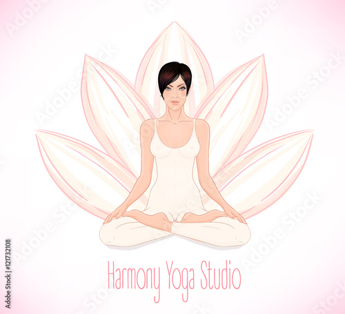 Beautiful Caucasian Brunette Girl sitting in Lotus pose with a f