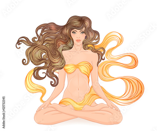Beautiful Caucasian Girl with long curly hair sitting in Lotus p