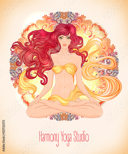 Beautiful Caucasian Girl with long curly hair sitting in Lotus p