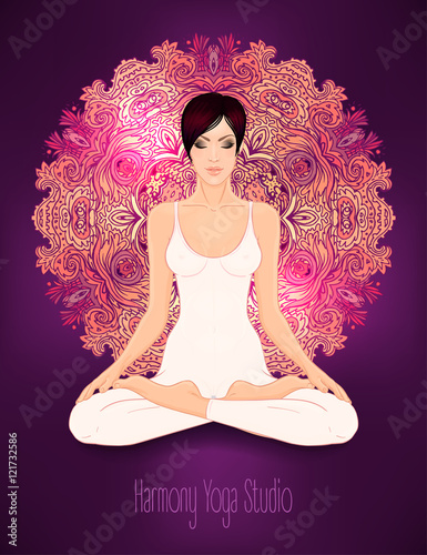 Beautiful Caucasian Brunette Girl sitting in Lotus pose with orn