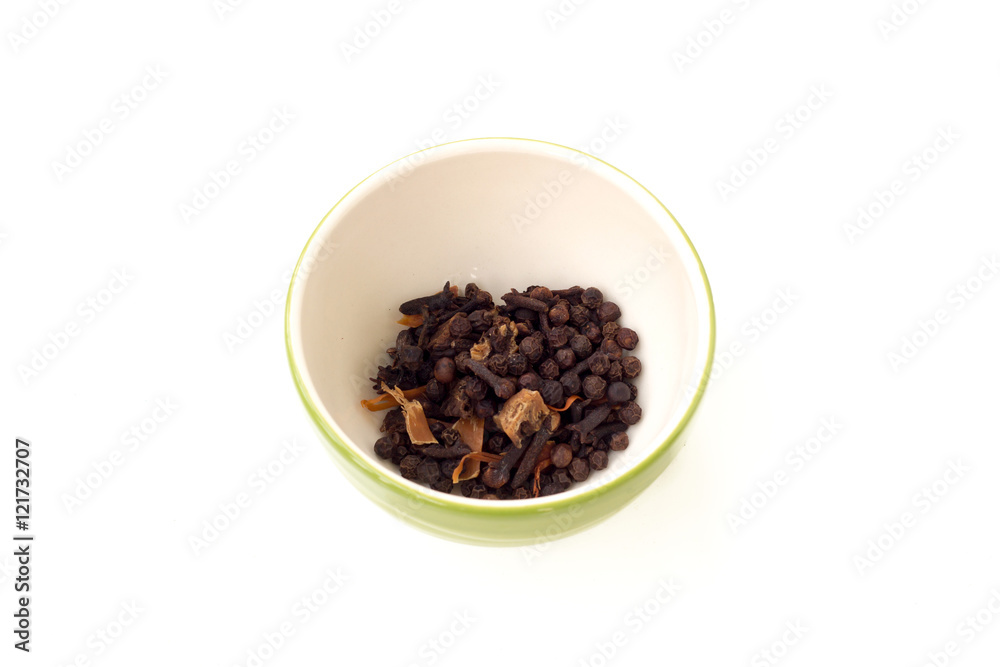 brown seed in ceramic bowl isolated on white background brown seed in ceramic bowl isolated on white background