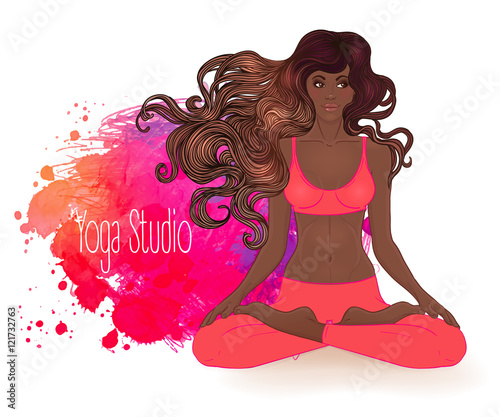 Beautiful African American Girl sitting in Lotus pose with ornat