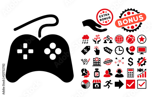 Gamepad icon with bonus clip art. Vector illustration style is flat iconic bicolor symbols, intensive red and black colors, white background.