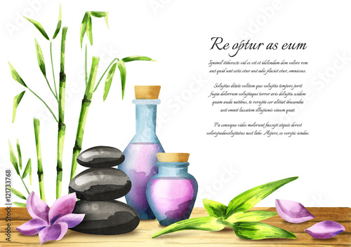 Spa treatment with aromatic oils  bath salts  massage stones and plumeria flower and bamboo. Watercolor template on a white background
