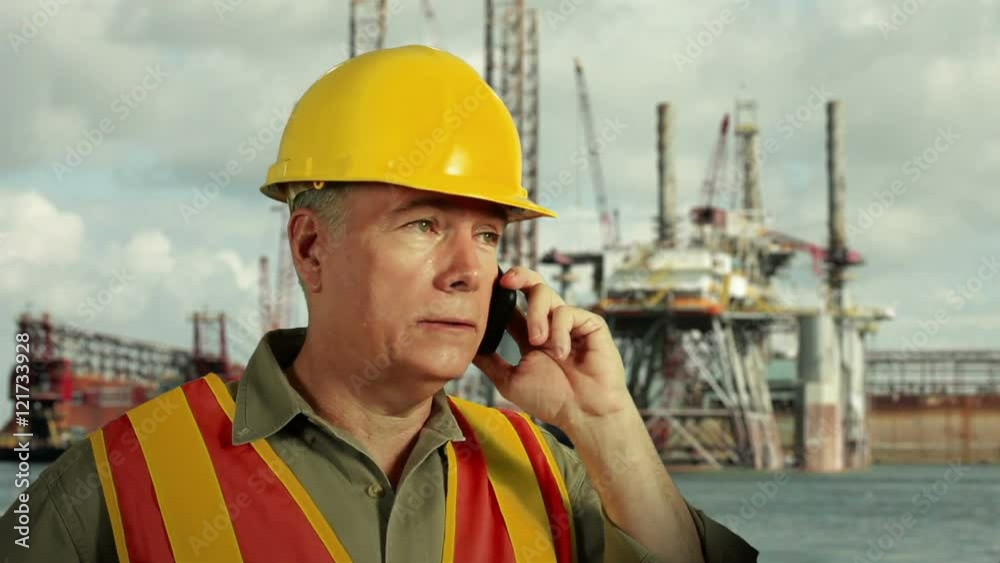 Man in hardhat with drilling platforms in background talking on cell phone. Man in hardhat with drilling platforms in background talking on cell phone.
