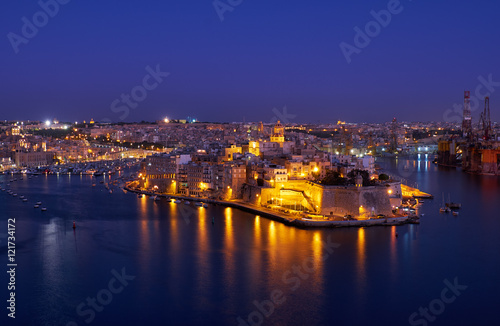 The night view of Senglea peninsula from Valletta, Malta