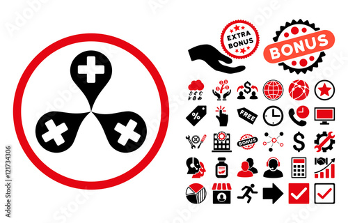 Hospital Map Markers pictograph with bonus pictogram. Vector illustration style is flat iconic bicolor symbols, intensive red and black colors, white background.