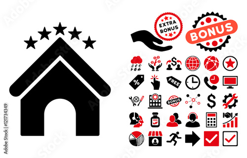 Hotel Stars pictograph with bonus elements. Vector illustration style is flat iconic bicolor symbols, intensive red and black colors, white background.