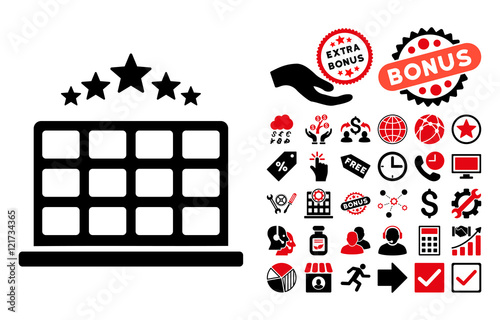 Hotel Stars pictograph with bonus images. Vector illustration style is flat iconic bicolor symbols, intensive red and black colors, white background.