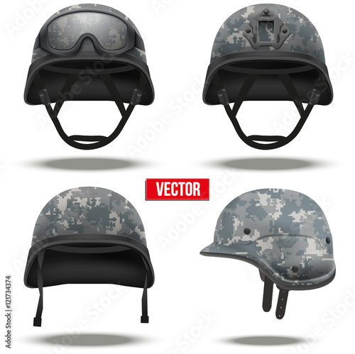 Set of Military tactical helmets of rapid reaction. Digital pixel camo color. Army and police symbol. Editable Vector illustration Isolated on white background.