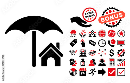 House under Umbrella icon with bonus symbols. Vector illustration style is flat iconic bicolor symbols, intensive red and black colors, white background.